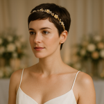 Bandeau cheveux courts : mariée moderne romantique avec bandeau en métal doré, perles et fleurs, coiffure courte