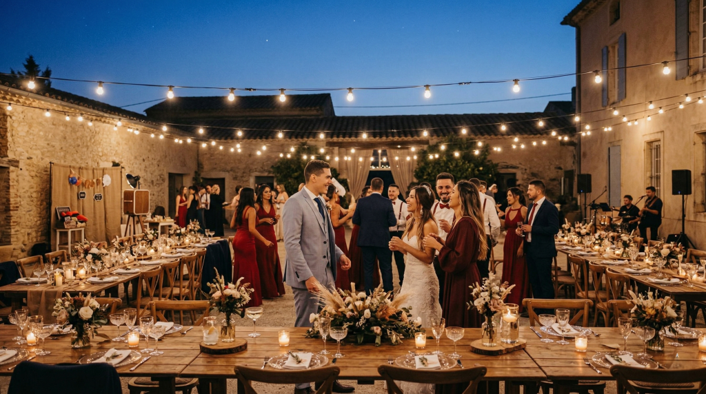 Ambiance conviviale et festive lors d'une réception de mariage en plein air sous des guirlandes lumineuses